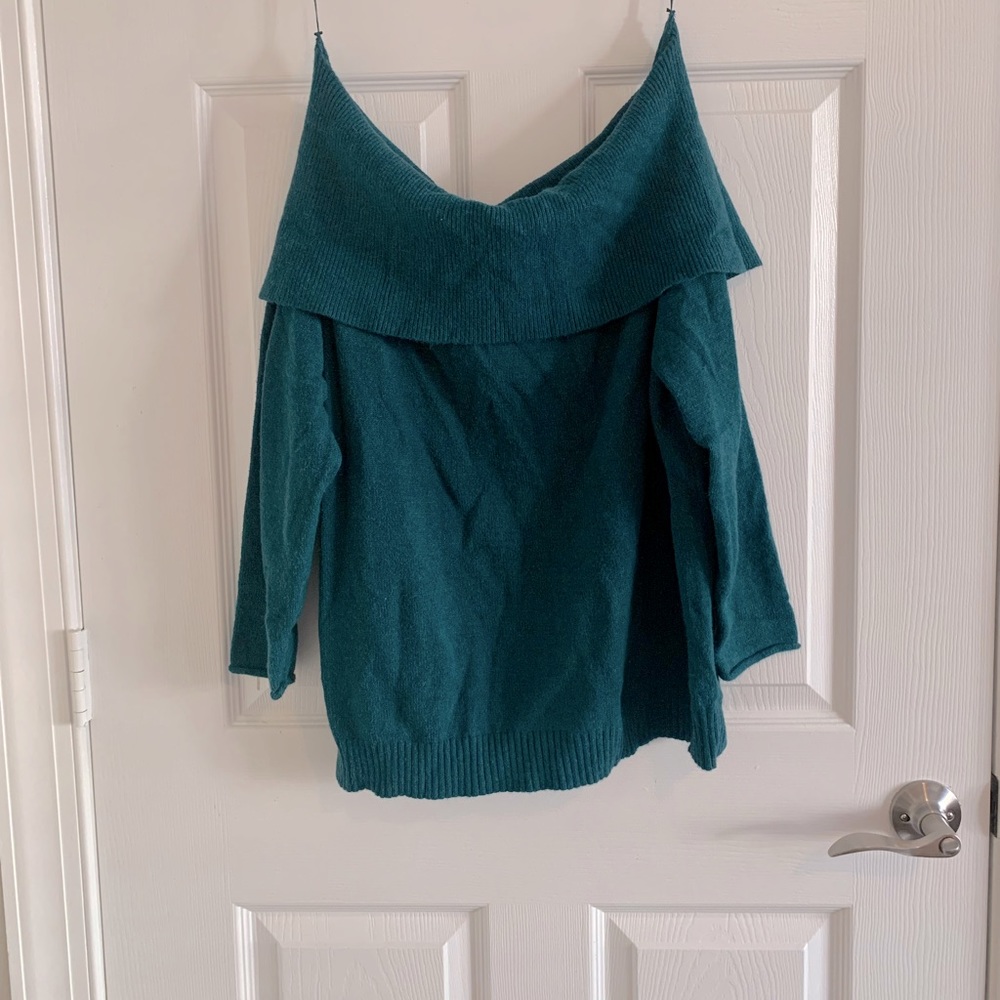Teal Anthropologie Off the Shoulder Sweater